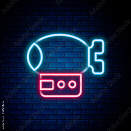 Glowing neon line Airship icon isolated on brick wall background. Colorful outline concept. Vector