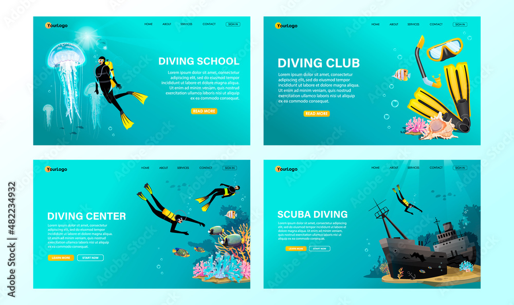 Divers in special underwater equipment swim on beautiful coral reef, look colorful fishes. Aqualung, snorkeling mask, flippers on swimming people. Scuba diving club banner set. Vector illustration