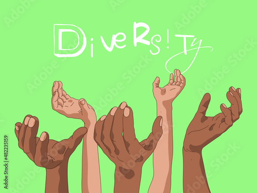 Raised human hands set. Multiracial people together. Diversity concept