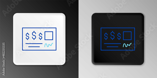 Line Blank template of the bank check and pen icon isolated on grey background. Checkbook cheque page with empty fields to fill. Colorful outline concept. Vector