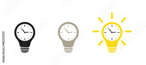 Clock inside a light bulb. Time concept. Icon set. Illustration