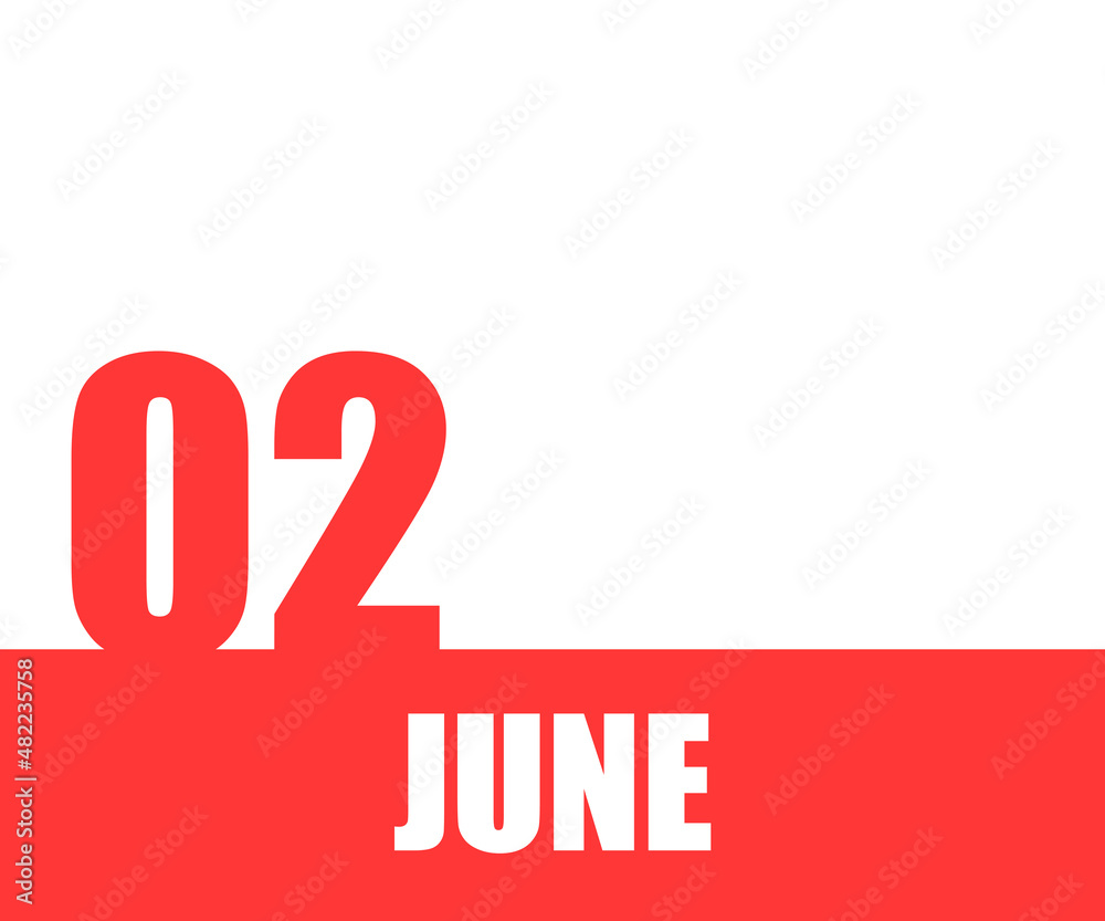 June. 02th day of month, calendar date. Red numbers and stripe with white text on isolated background. Concept of day of year, time planner, summer month June. 02th day of month, calendar date. Red numbers and stripe with white text on isolated background. Concept of day of year, time planner, summer month