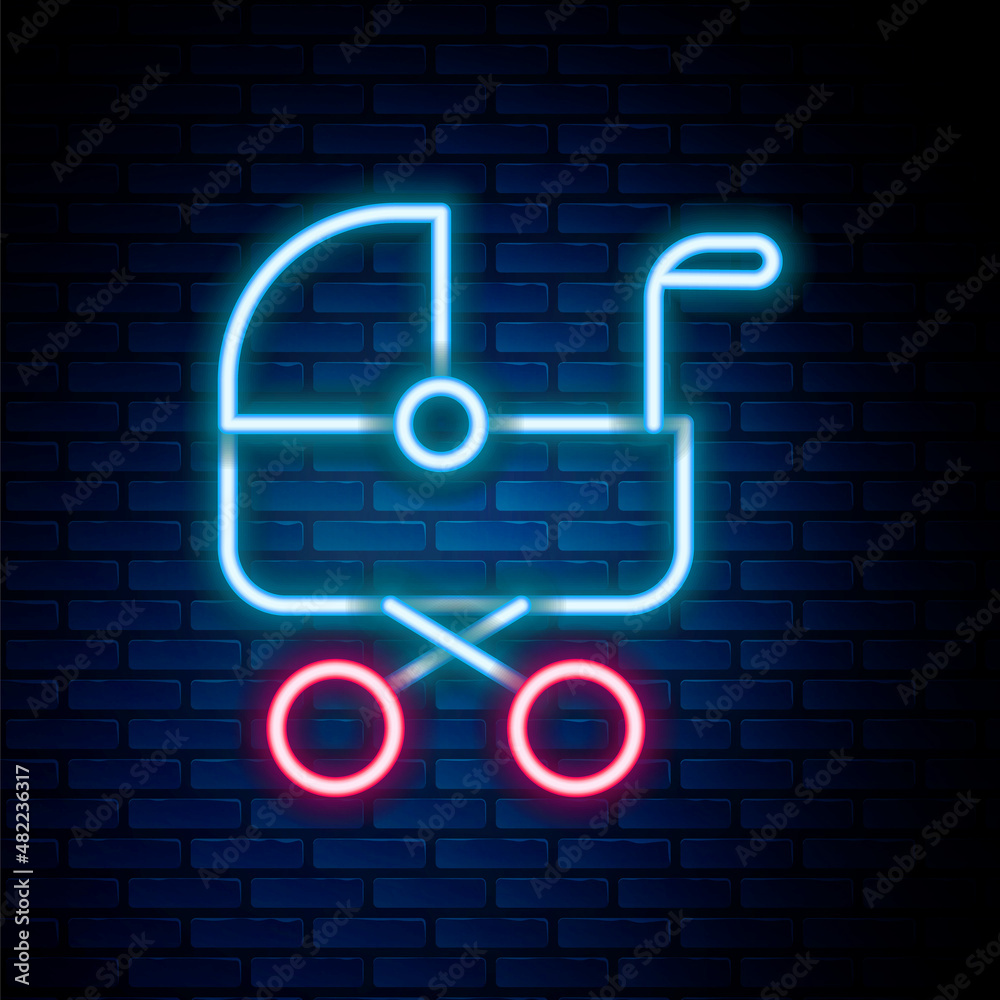 Glowing neon line Baby stroller icon isolated on brick wall background. Baby carriage, buggy, pram, stroller, wheel. Colorful outline concept. Vector