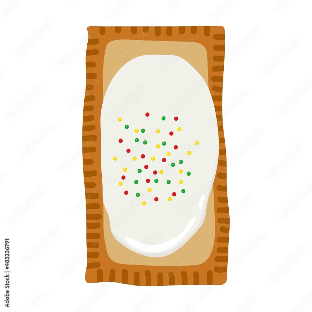 American breakfast treat. Homemade Pop Tart Pastry with Rainbow sprinkles. Colored cartoon vector isolated on white background for menu, cafe, restaurant, for cooking class, homemade pop-tart recipe.  - obrazy, fototapety, plakaty 