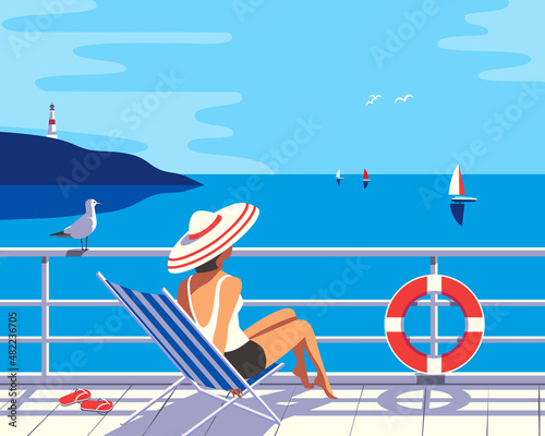 Papier peint Women in sun hat on cruise vessel enjoy summer seaside landscape
