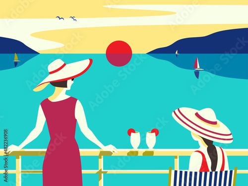 Females enjoy blue ocean sunset scenic view. Yacht boat, summer seaside nature landscape background. Holiday vacation season sea travel leisure illustration. Sea sailing relax tourist vector poster