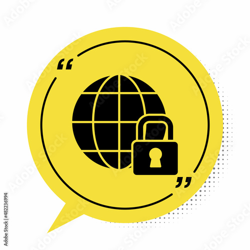 Black Global lockdown - locked globe icon isolated on white background. Yellow speech bubble symbol. Vector