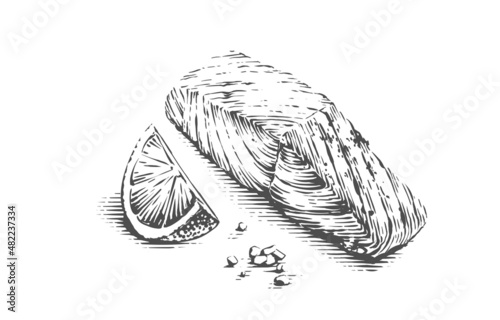 fish steak hand drawing sketch engraving illustration style