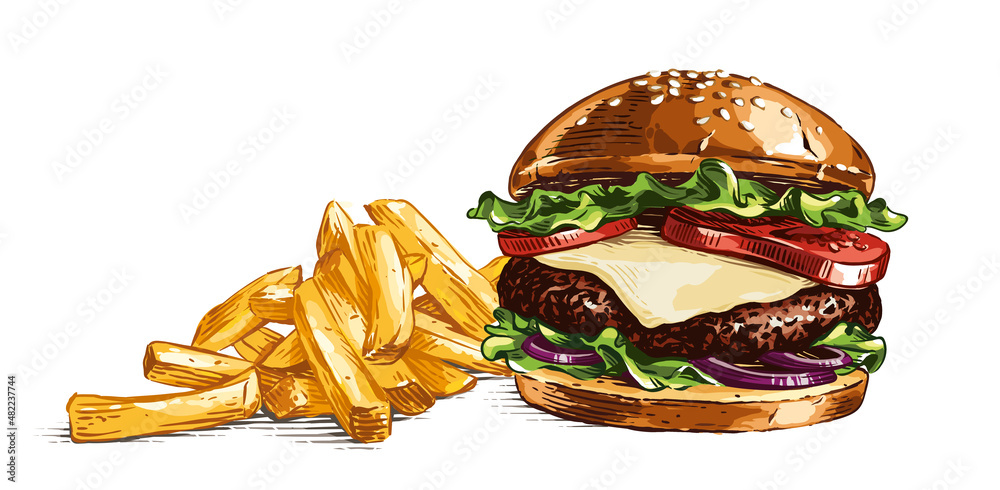 colour burger and french fries hand drawing sketch engraving illustration style