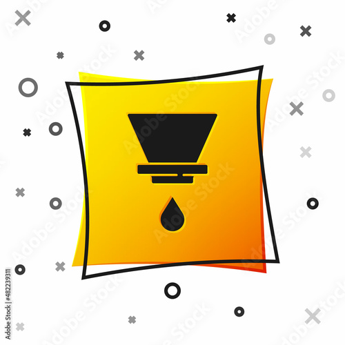 Black V60 coffee maker icon isolated on white background. Yellow square button. Vector