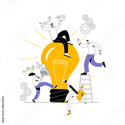 Several men and women in casual clothes are fussing around the switched-on light bulb. The concept of a vector illustration on the topic of big ideas and teamwork.