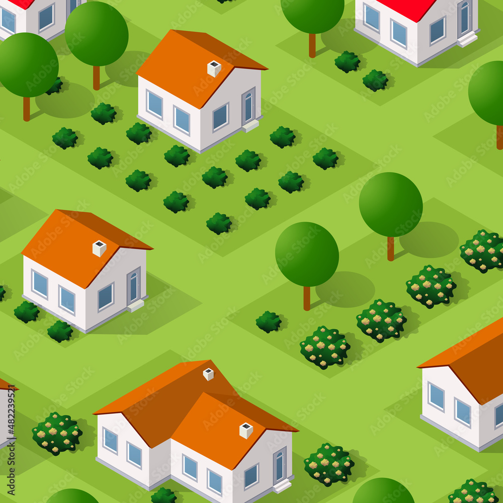 Rural isometric ranch farm with trees fields and garden bed