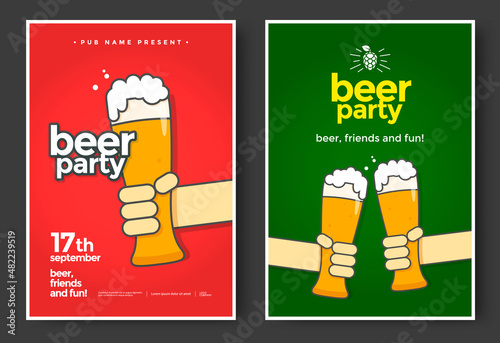 Beer party poster or flyer design. Glass of beer in hand. Vector illustration