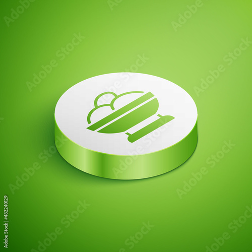 Isometric Varenyky in a bowl icon isolated on green background. Pierogi, varenyky, dumpling, pelmeni, ravioli. Traditional Ukrainian food. White circle button. Vector