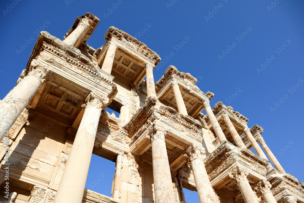 beautiful facade with columns of Library of Celsus in archaeological site Ephesus in Turkey under clear autumn blue sky beautiful facade with columns of Library of Celsus in archaeological site Ephesus in Turkey under clear autumn blue sky