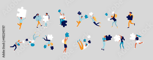 Vector character business people with infographic of puzzle have solution. Goal thinking. Cooperation by group to create a team. Concept for web design Colorful flat concept