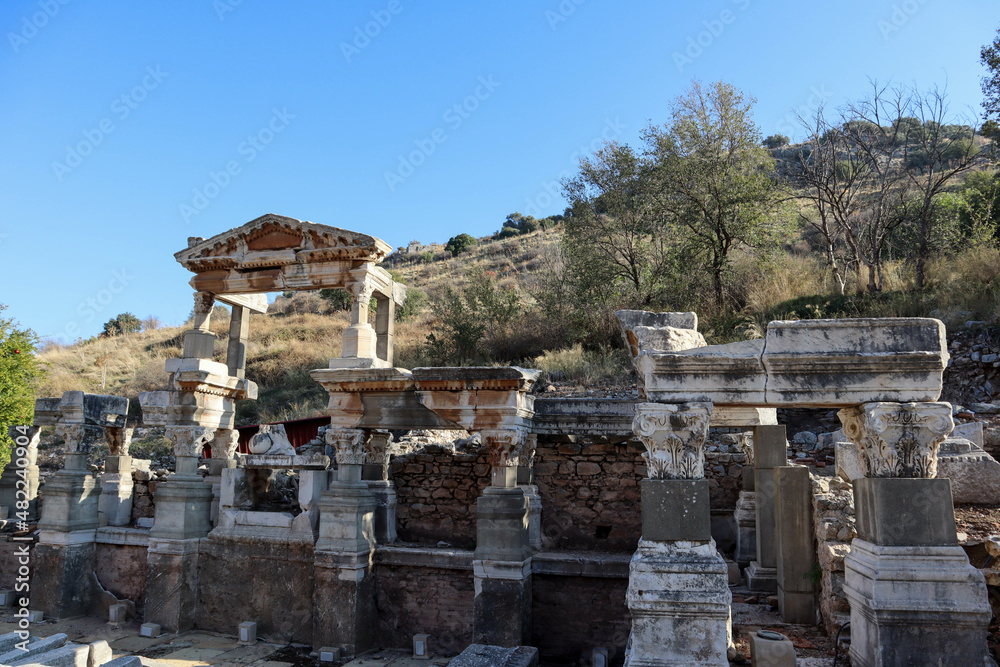 ruins of the ancient temple in archaeological site Ephesus in Turkey