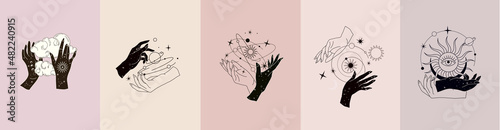 Spiritual esoteric magic logo or talisman with woman hands in silhouette style with stars, sacred geometry moon and sun. Alchemy mystic tattoo object logo template. Vector
