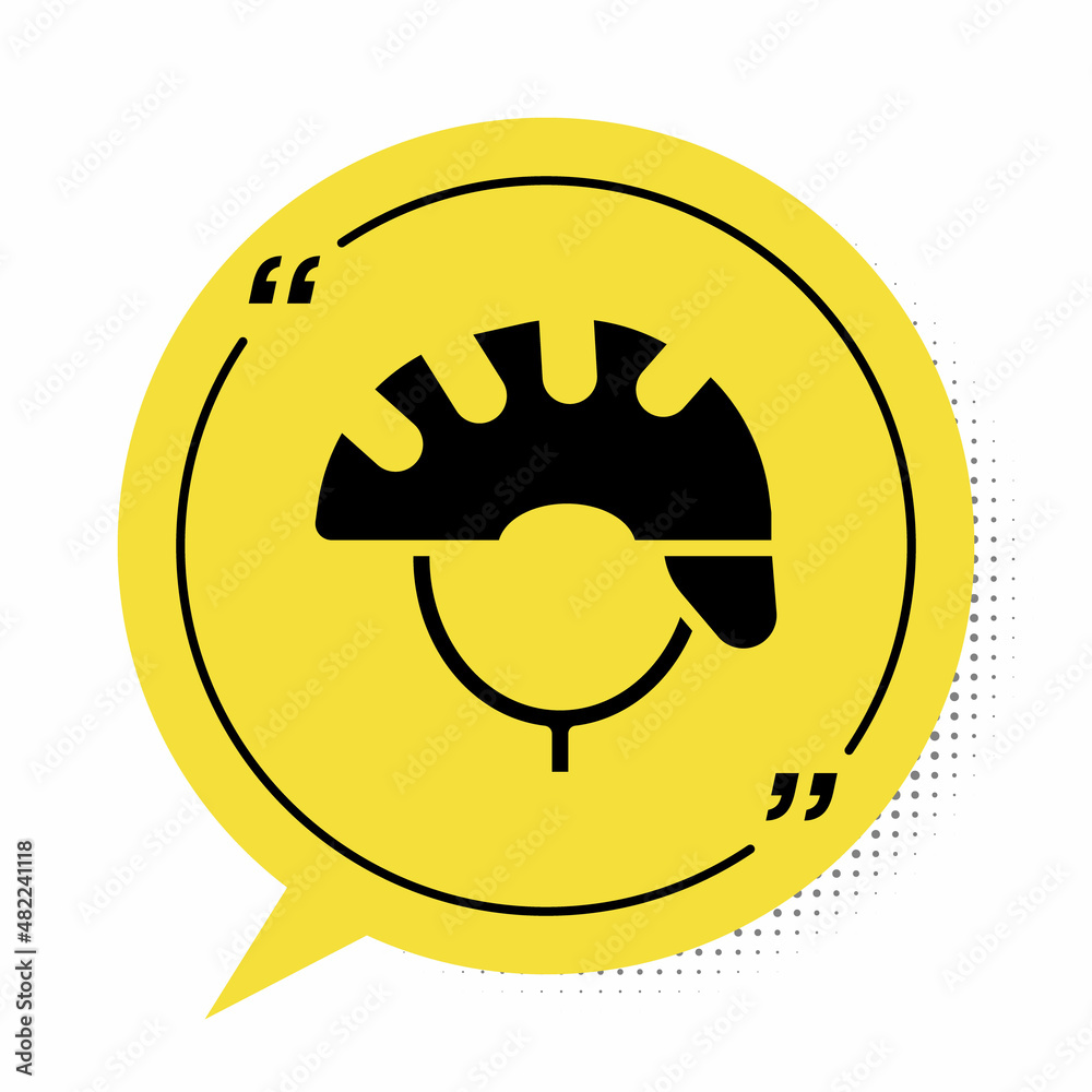 Black Bicycle helmet icon isolated on white background. Extreme sport. Sport equipment. Yellow speech bubble symbol. Vector Black Bicycle helmet icon isolated on white background. Extreme sport. Sport equipment. Yellow speech bubble symbol. Vector