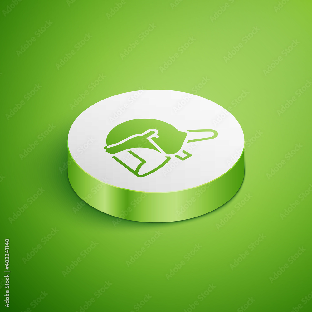 Isometric Police helmet icon isolated on green background. Military helmet. White circle button. Vector Isometric Police helmet icon isolated on green background. Military helmet. White circle button. Vector
