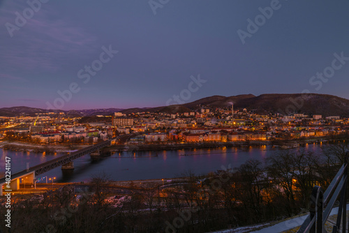 View from Vetruse building over Usti nad Labem city in evening after sunset