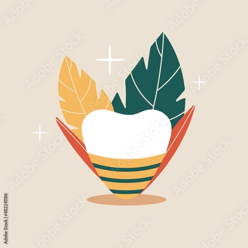 dental implant with leaves on beige background in flat style vector illustration