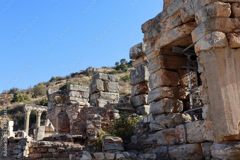 ruins of the ancient temple in archaeological site Ephesus in Turkey