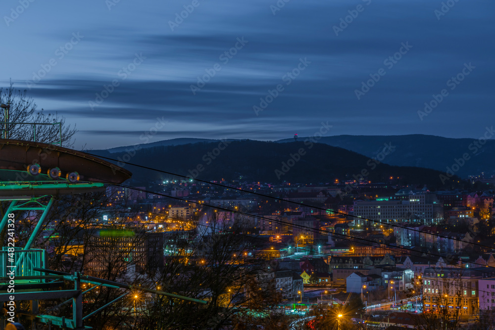 View from Vetruse building over Usti nad Labem city in evening after sunset