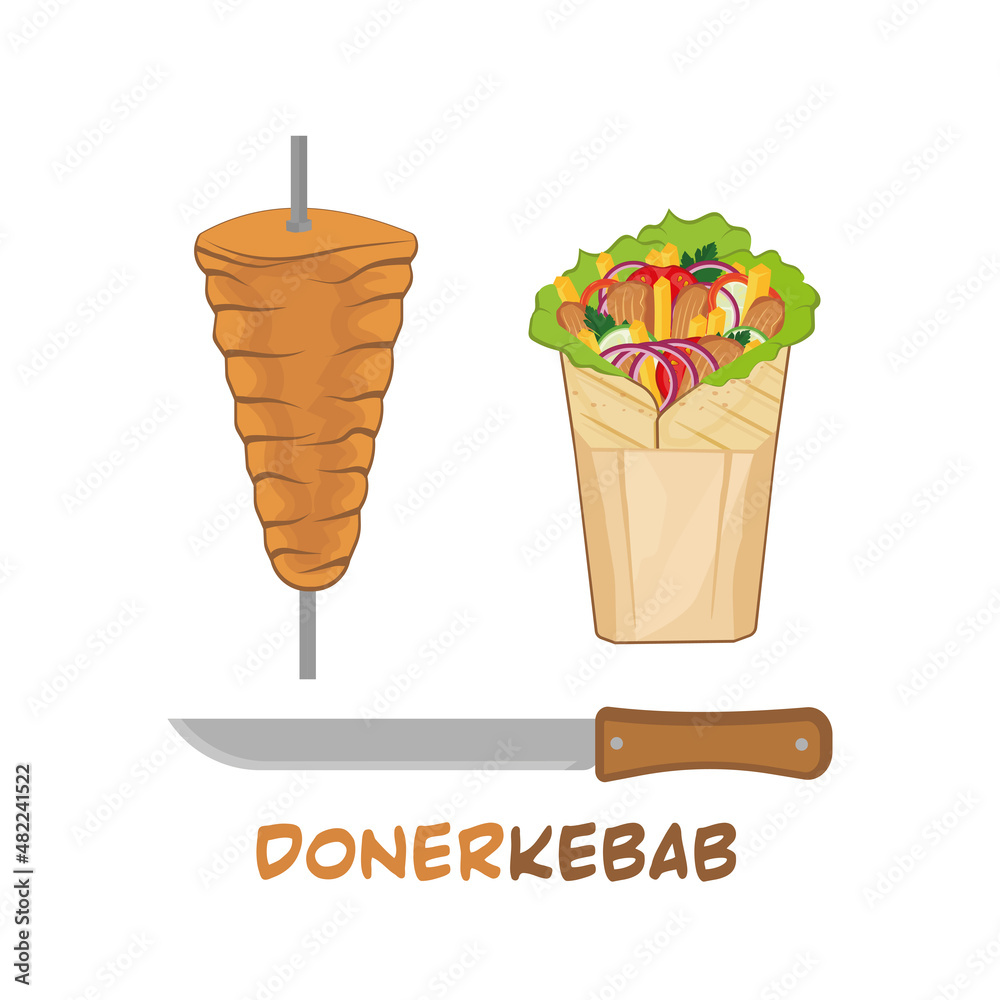 Doner kebab promo poster with meet on skewer and knife