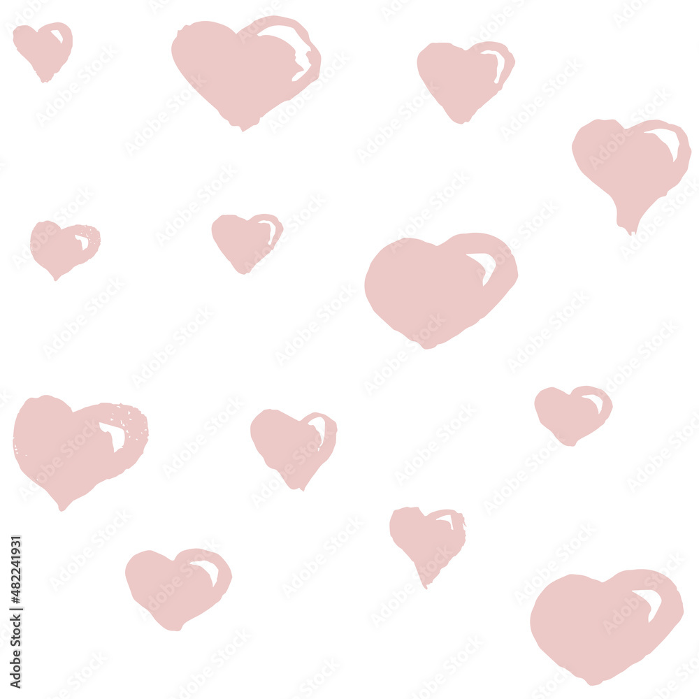 Seamless pattern with hand-drawn pink hearts. Vector romantic texture. Set of design elements isolated on transparent background