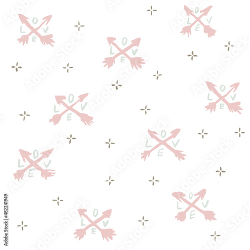 Seamless romantic texture with crossed arrows and letters LOVE. Hand drawn vector pattern for cards or banners for Valentines Day