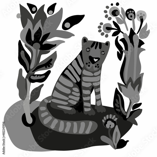 Isolated black and white illustration of a cute tiger with big trees and flowers