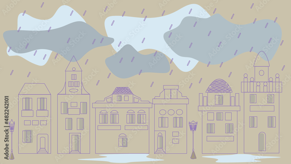 in the city, the contours of houses are hiding in the rain