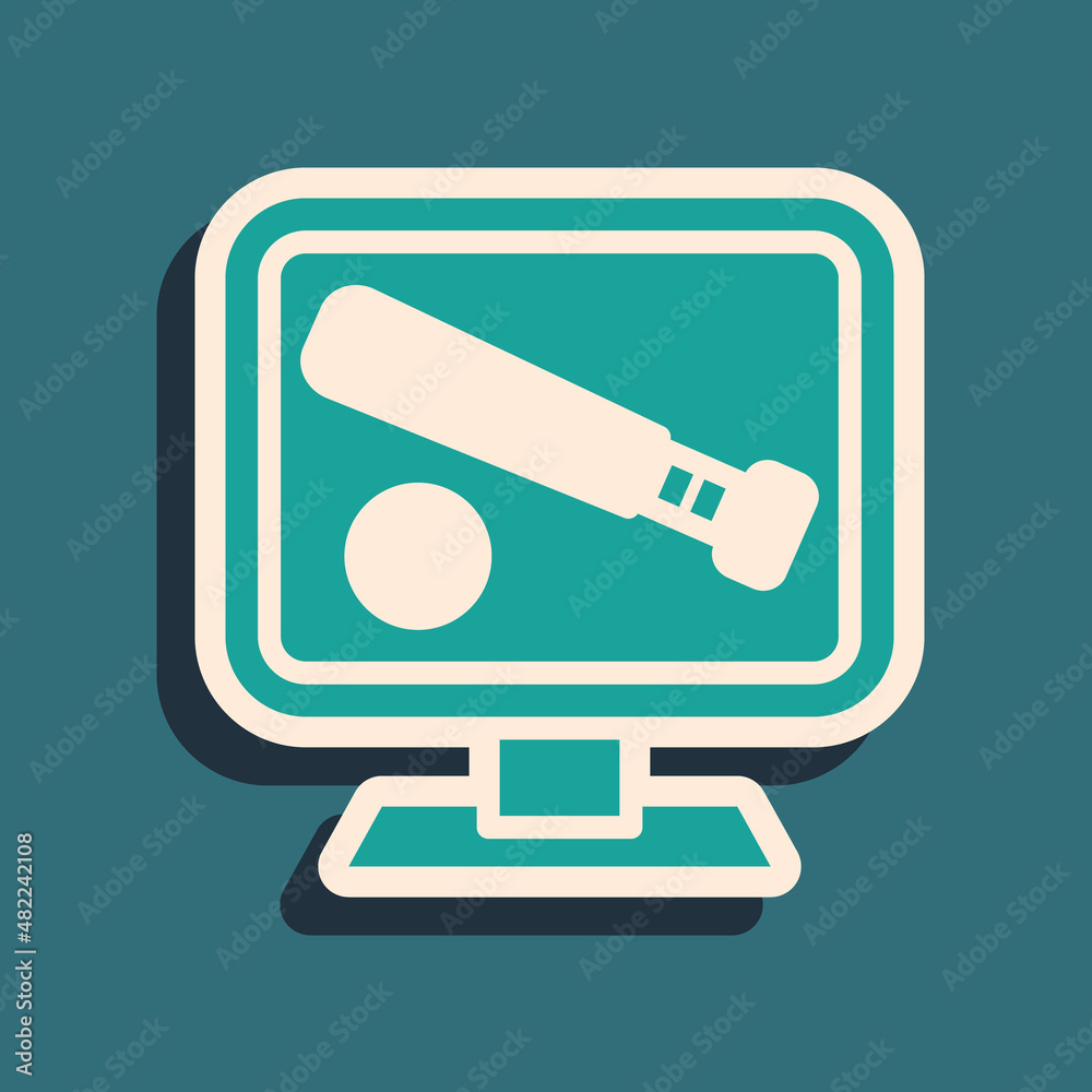 Green Monitor with baseball ball and bat on the screen icon isolated on green background. Online baseball game. Long shadow style. Vector Green Monitor with baseball ball and bat on the screen icon isolated on green background. Online baseball game. Long shadow style. Vector