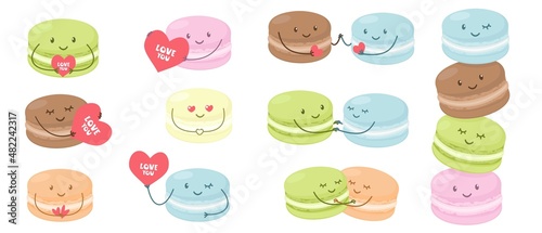 Vector set of characters. Lovers macaroons, cake characters. Cute macaroons are holding hands and holding valentines. Set of characters for Valentine's Day