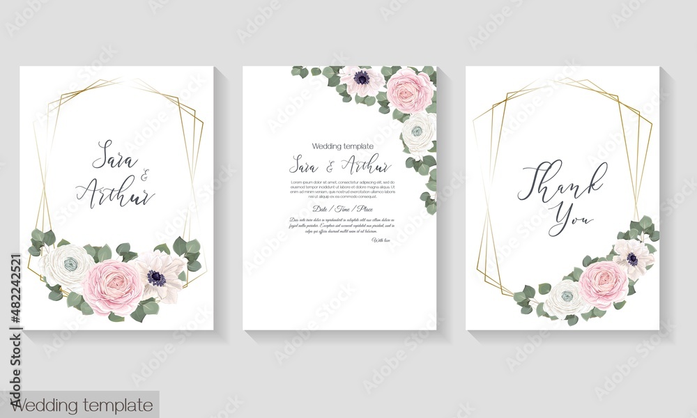Vector template for a postcard. Invitation card, thanks. Pink roses, white roses, rununculus, anemones, eucalyptus, green plants and leaves. Vector template for a postcard. Invitation card, thanks. Pink roses, white roses, rununculus, anemones, eucalyptus, green plants and leaves.