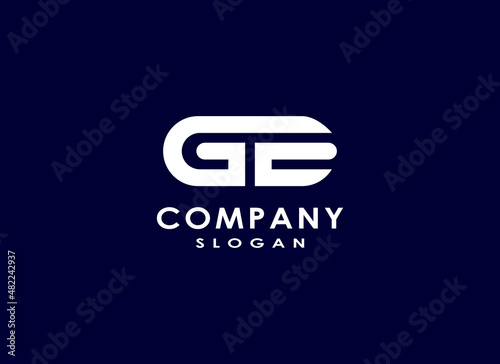 Abstract Initial Letter G and E Linked Logo. White Letter GE GTE isolated on Blue Dark Background. Suitable for Business, Branding, Identity and Technology Logos. Flat Vector Logo Design Template.