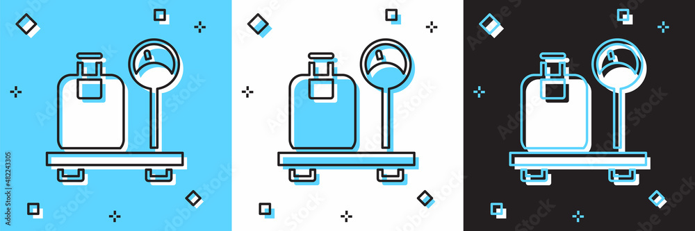 Set Scale with suitcase icon isolated on blue and white, black background. Logistic and delivery. Weight of delivery package on a scale. Vector Set Scale with suitcase icon isolated on blue and white, black background. Logistic and delivery. Weight of delivery package on a scale. Vector