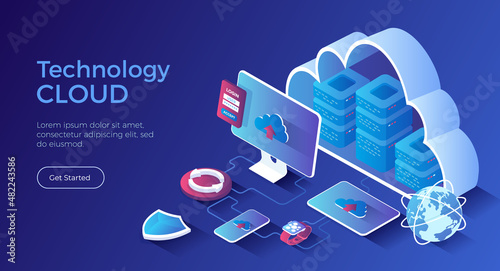 Cloud Technology. Big data processing center, cloud database, connecting information, storage, hosting. Isometric landing page. Vector web banner.