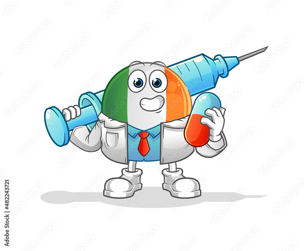 irish flag doctor holding medichine and injection