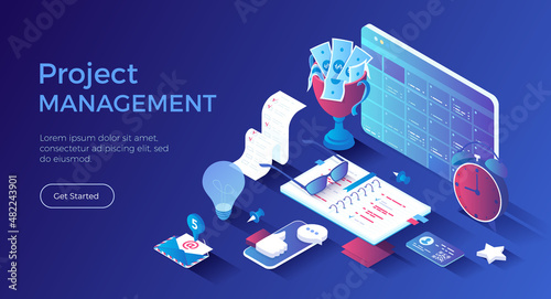 Project management, planning organization schedule. Productivity, marketing analysis and development. Isometric landing page. Vector web banner.