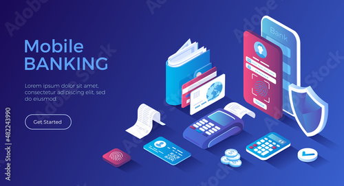 Mobile banking, Financial online service. Financial transactions via smartphone, payment, credit, deposit. Isometric landing page. Vector web banner.