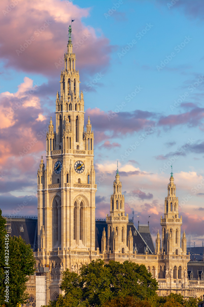 Vienna City Hall (Rathaus) tower at sunrise, Austria Vienna City Hall (Rathaus) tower at sunrise, Austria