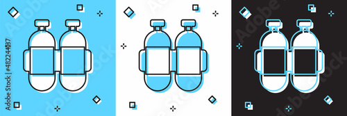 Set Aqualung icon isolated on blue and white, black background. Oxygen tank for diver. Diving equipment. Extreme sport. Diving underwater equipment. Vector