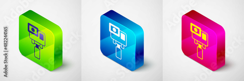Isometric Action extreme camera icon isolated on grey background. Video camera equipment for filming extreme sports. Square button. Vector