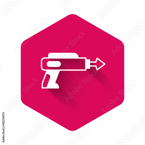 White Fishing harpoon icon isolated with long shadow background. Fishery manufacturers for catching fish under water. Diving underwater equipment. Pink hexagon button. Vector