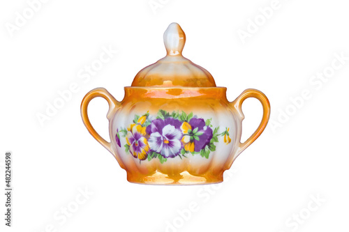 Fotografía Traditional ceramic sugar bowl decorated with floral motifs isolated over white