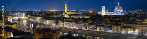 Night panorama from Michelangelo Square. Cathedral Santa Maria Del Fiore, Arnolfo tower, Ponte Vecchio bridge. Masterpieces of medieval ages glowing in the night. Florence, Italy - 11 Jan 2022