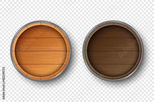 Fototapeta Naklejka Na Ścianę i Meble -  Vector 3d Realistic Wooden Barrel Lid for Storing Alcoholic Beverages Set. Brown Beer, Wine Wooden Barrels. High Detailed Wood Vector Barrel of Wine or Beer Icon. Top View