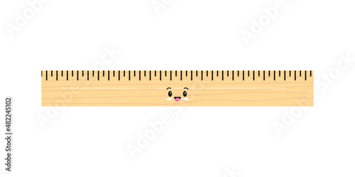 Cute wooden ruler emoji kawaii instrument icon isolated on a white background. Wood school measuring ruler in centimeters scale. Vector flat design illustration